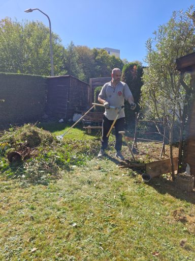 Gehölzpflege und Schnittgut Mann mit Astschere steht neben einem Baum und einem Haufen Schnittgut im Garten.